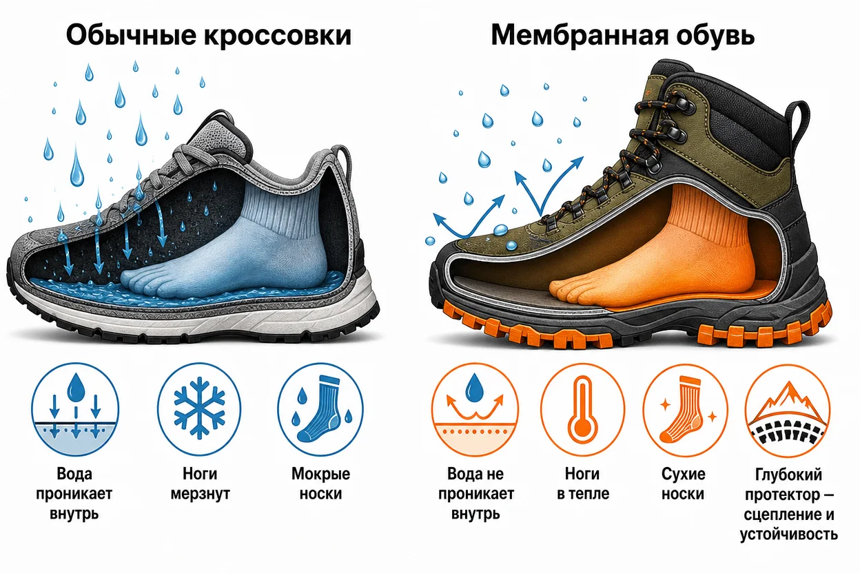 Экипировка курьера самокат осенью — мокрая обувь ведёт к переохлаждению ног, схема
