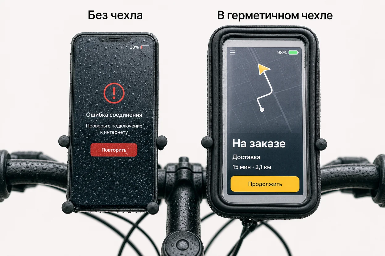Экипировка курьера самокат осенью — дождь выводит смартфон из строя без чехла, инфографика