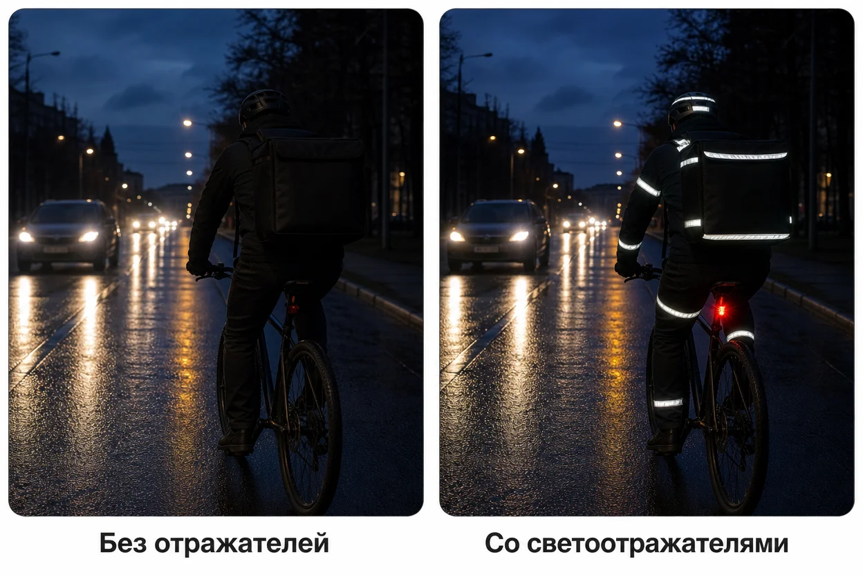 Экипировка курьера самокат осенью — светоотражающие элементы повышают заметность в сумерках, схема