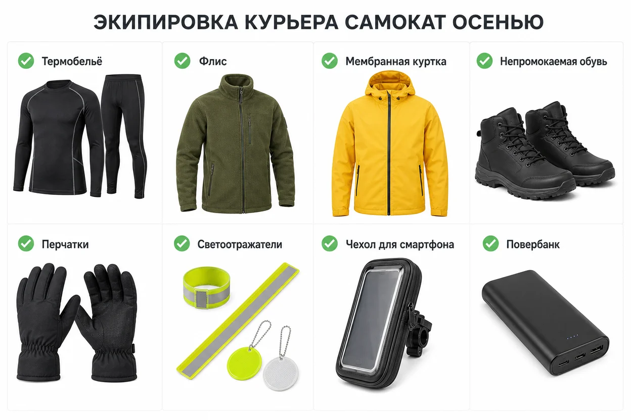 Экипировка курьера самокат осенью — полный осенний набор велокурьера, чек-лист инфографика