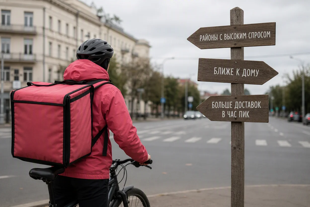 Где лучше работать курьером — велокурьер у развилки с указателями на разные форматы доставки