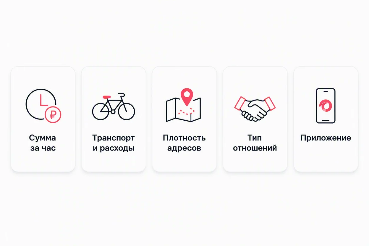 Критерии выбора места для курьера — схема из пяти блоков: доход, формат, документы, зона, приложение