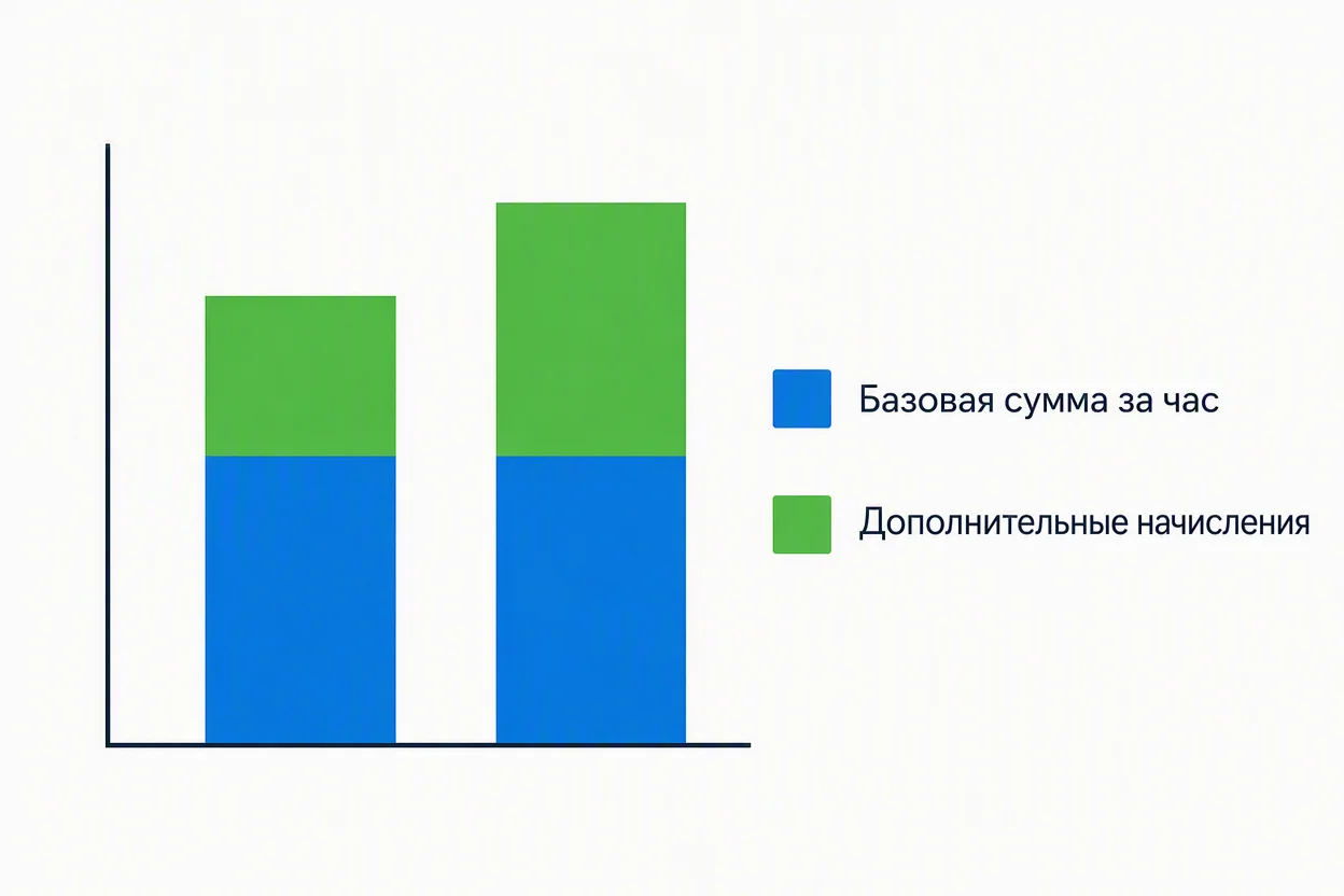 Доход курьера за час — сравнение базовой суммы и итоговой выплаты на инфографике