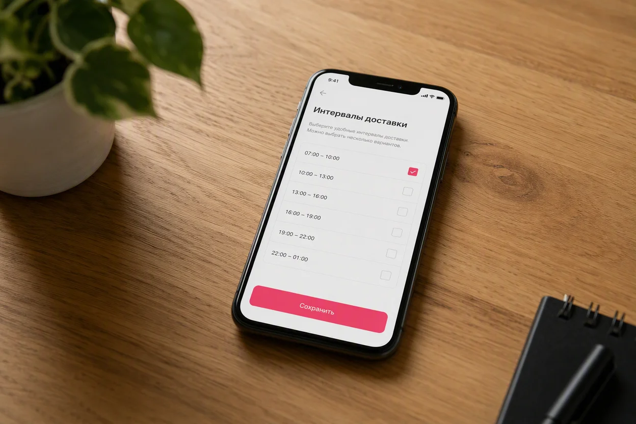 Приложение курьера-партнёра — экран смартфона со списком доступных интервалов доставки
