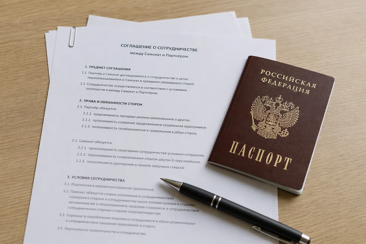 Договор сотрудничества курьера-партнёра — пакет документов на столе крупным планом