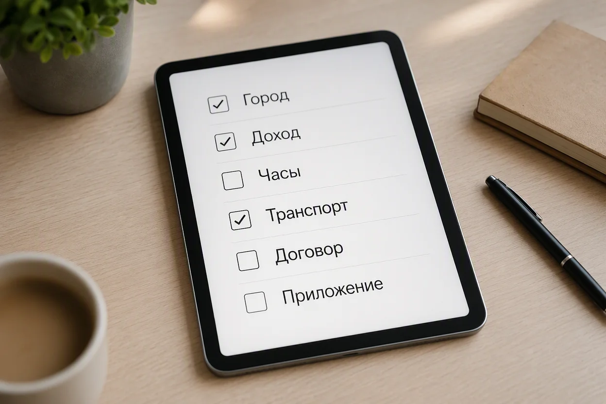 Критерии выбора сервиса доставки для курьера — чек-лист из шести пунктов на планшете