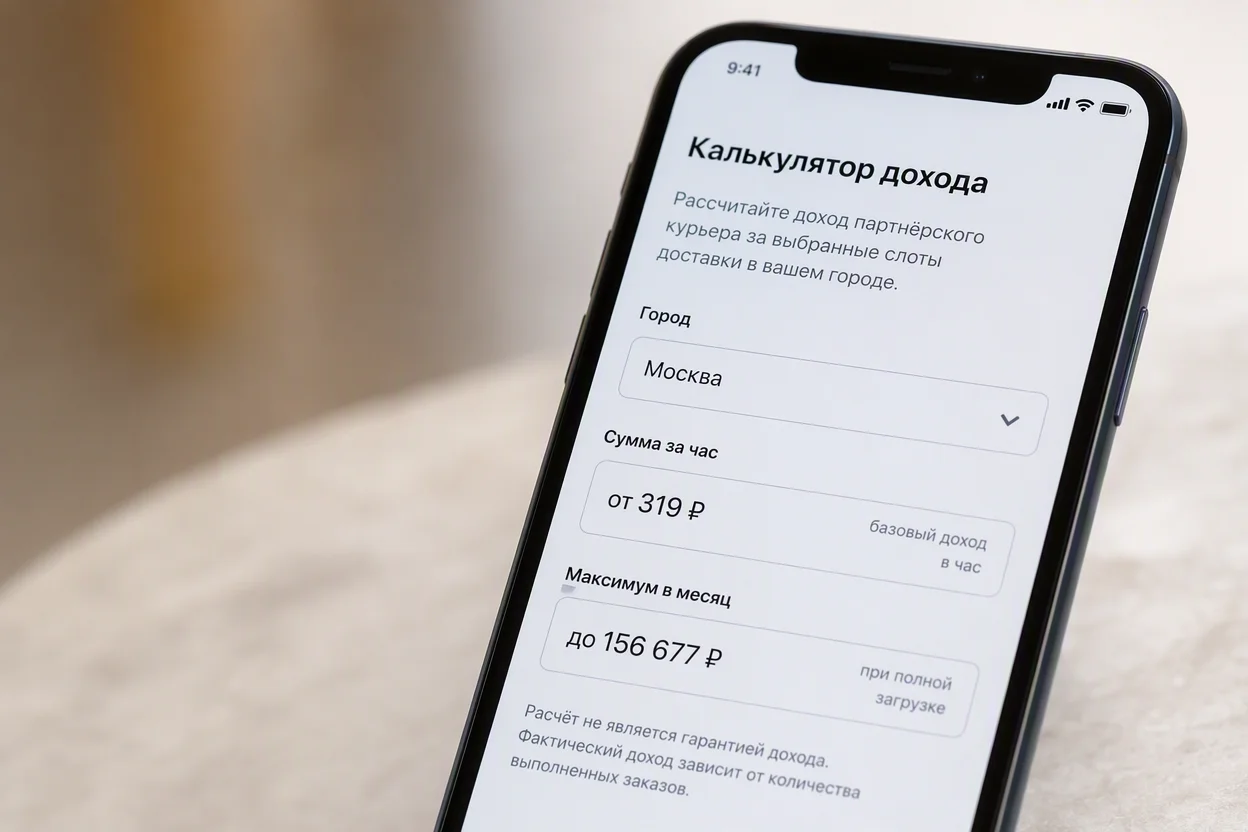 Доход курьера-партнёра — калькулятор с суммой за час и за месяц по городу
