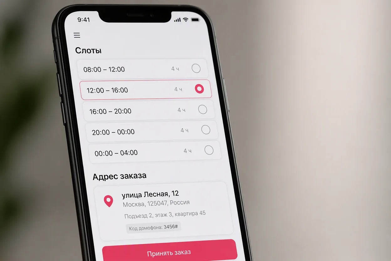 Приложение для курьера — экран смартфона со слотами и адресом заказа