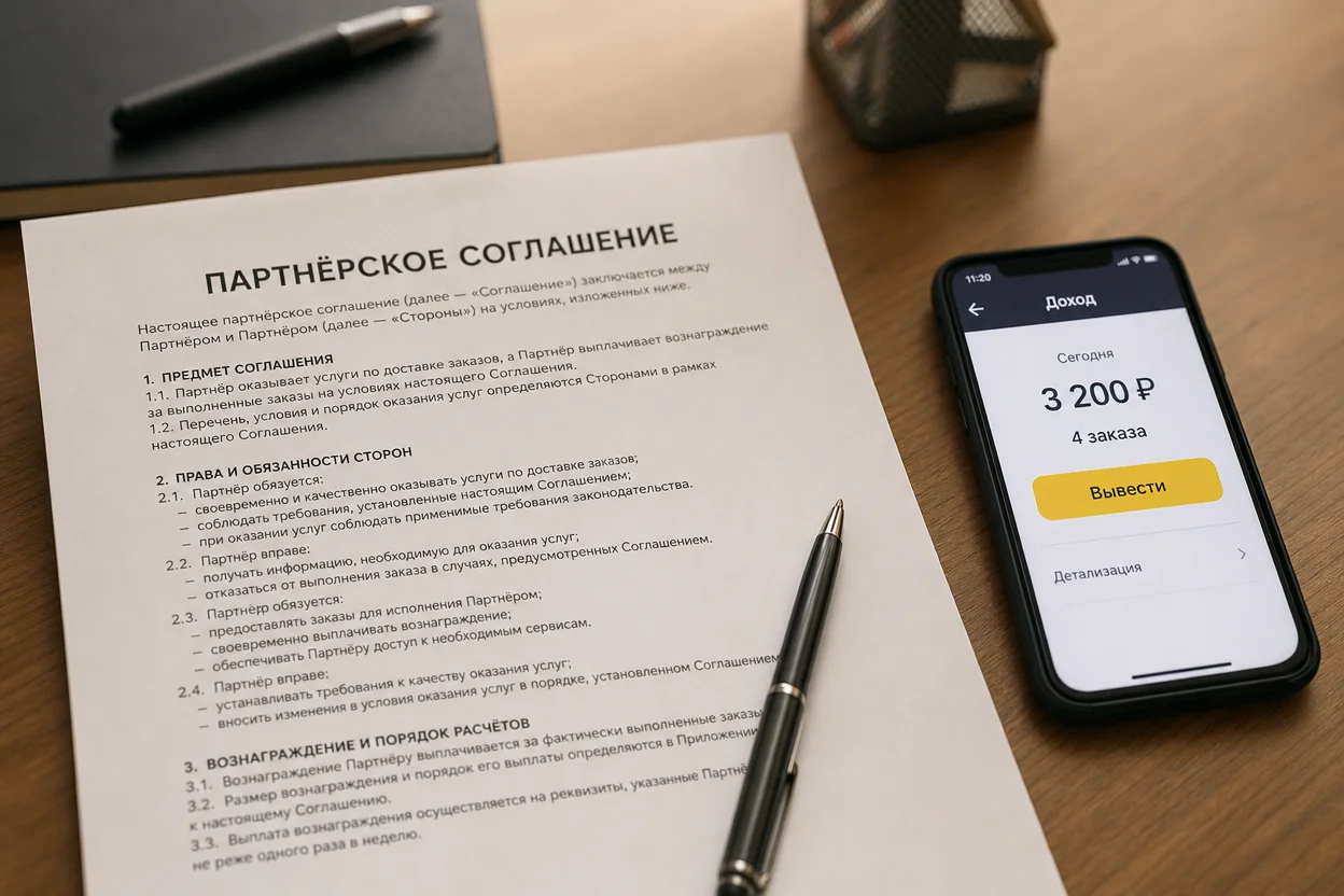 Курьер партнер самокат — партнёрский договор и статус самозанятого на столе