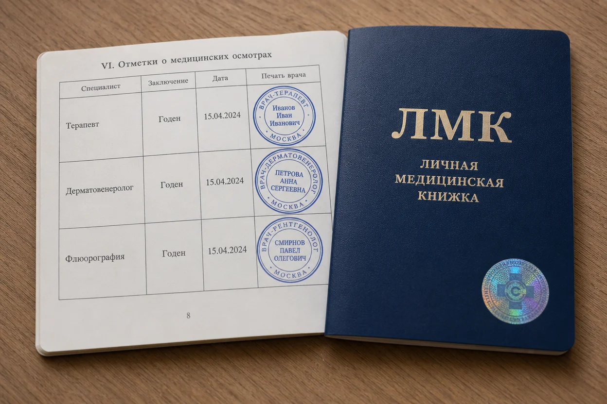 Личная медицинская книжка курьера доставки продуктов — развороты с отметками врачей