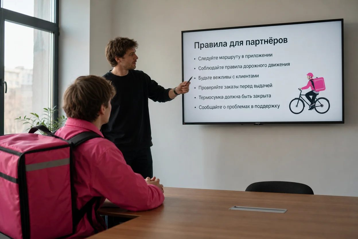Обучение курьера самокат — велокурьер слушает вводный инструктаж перед первой доставкой