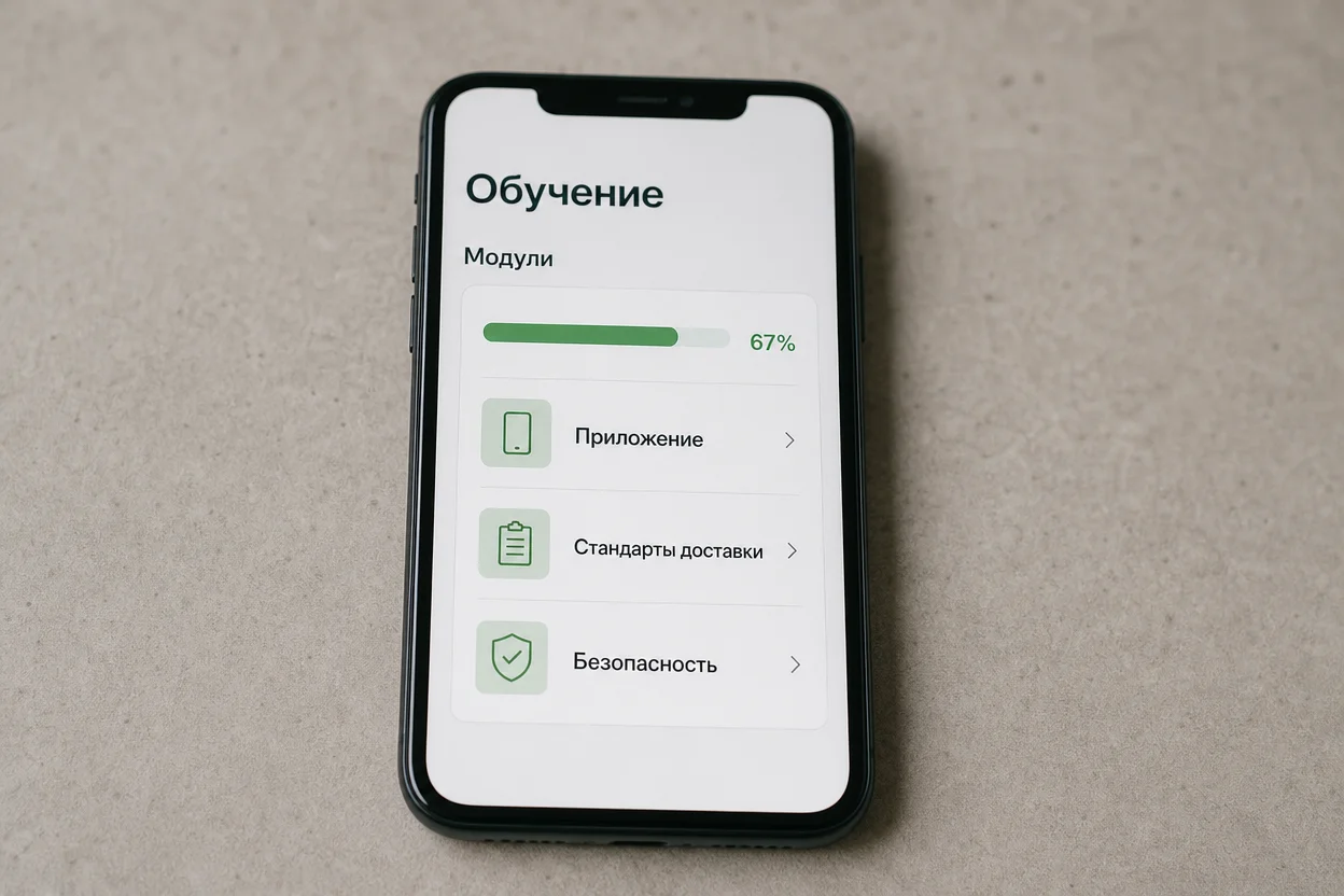 Обучение в приложении курьера-партнёра — экран с модулями инструктажа и тестом