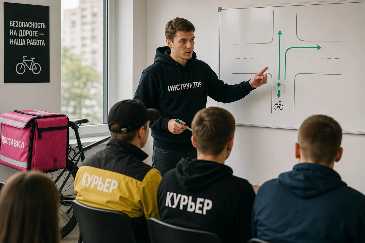 Безопасность курьера на велосипеде — разбор правил проезда перекрёстка на инструктаже
