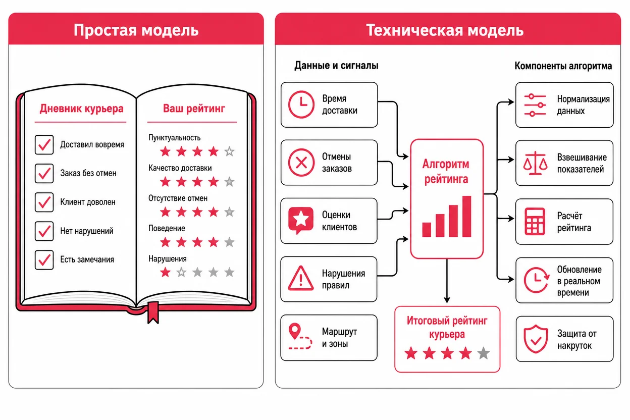 Рейтинг курьеров Самокат как работает: простая и техническая модель оценки на инфографике