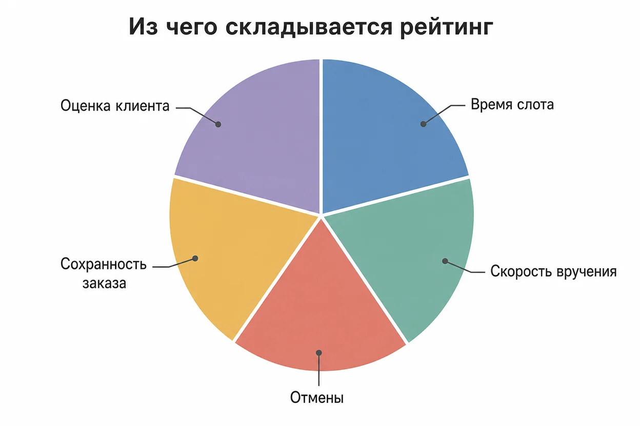 Показатели курьера — круговая диаграмма составляющих рейтинга в партнёрской доставке