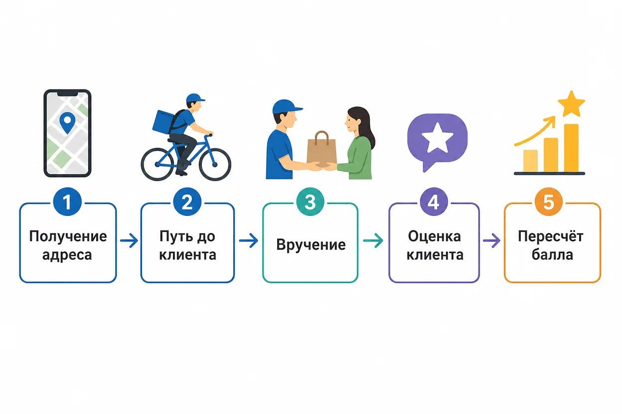 Оценка качества доставки — схема пути заказа от получения адреса до вручения клиенту
