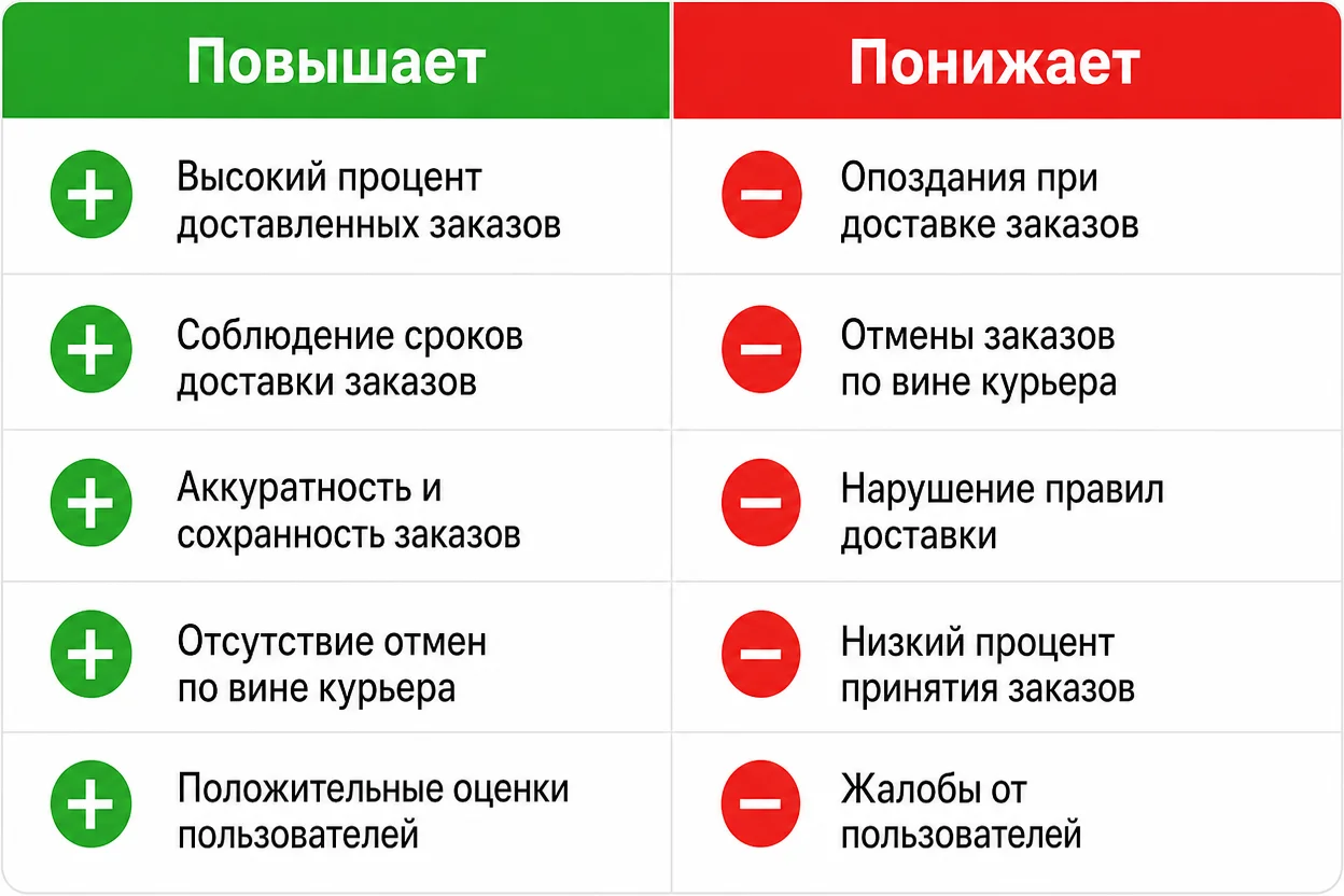Рейтинг курьера — таблица факторов, которые повышают и понижают балл за смену