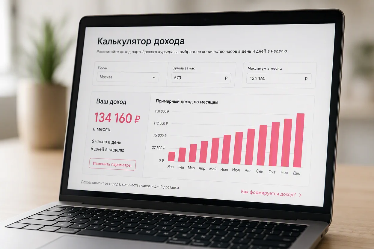 Доход курьера-партнёра — калькулятор с суммой за час и слотами по городу на экране
