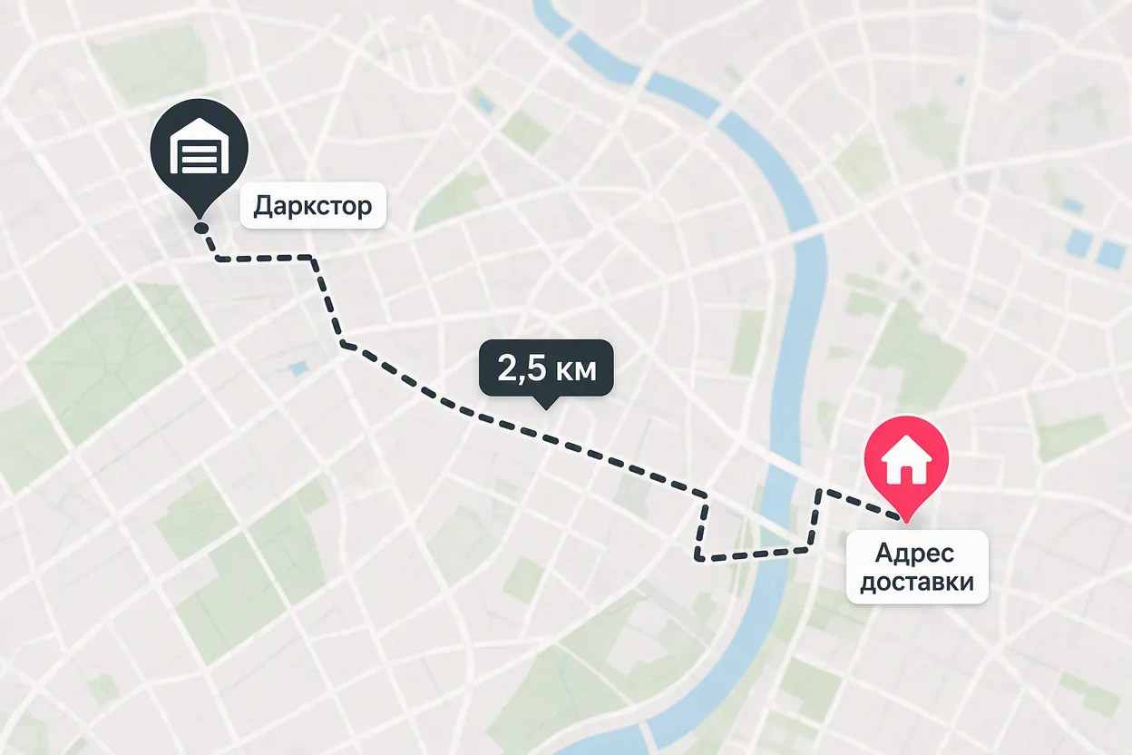 Маршрут доставки велокурьера — путь от даркстора до дома клиента на карте города