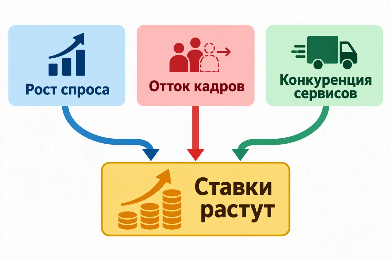 Доход курьера — спрос выше предложения кадров → повышение ставок, схема механизма рынка
