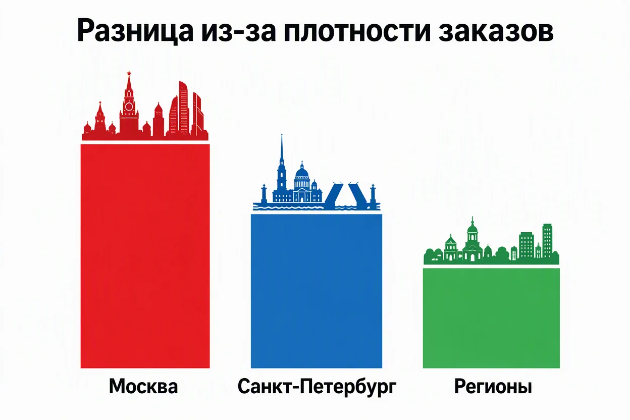 Зарплата курьеров по городам — Москва и Петербург против регионов, столбчатая инфографика