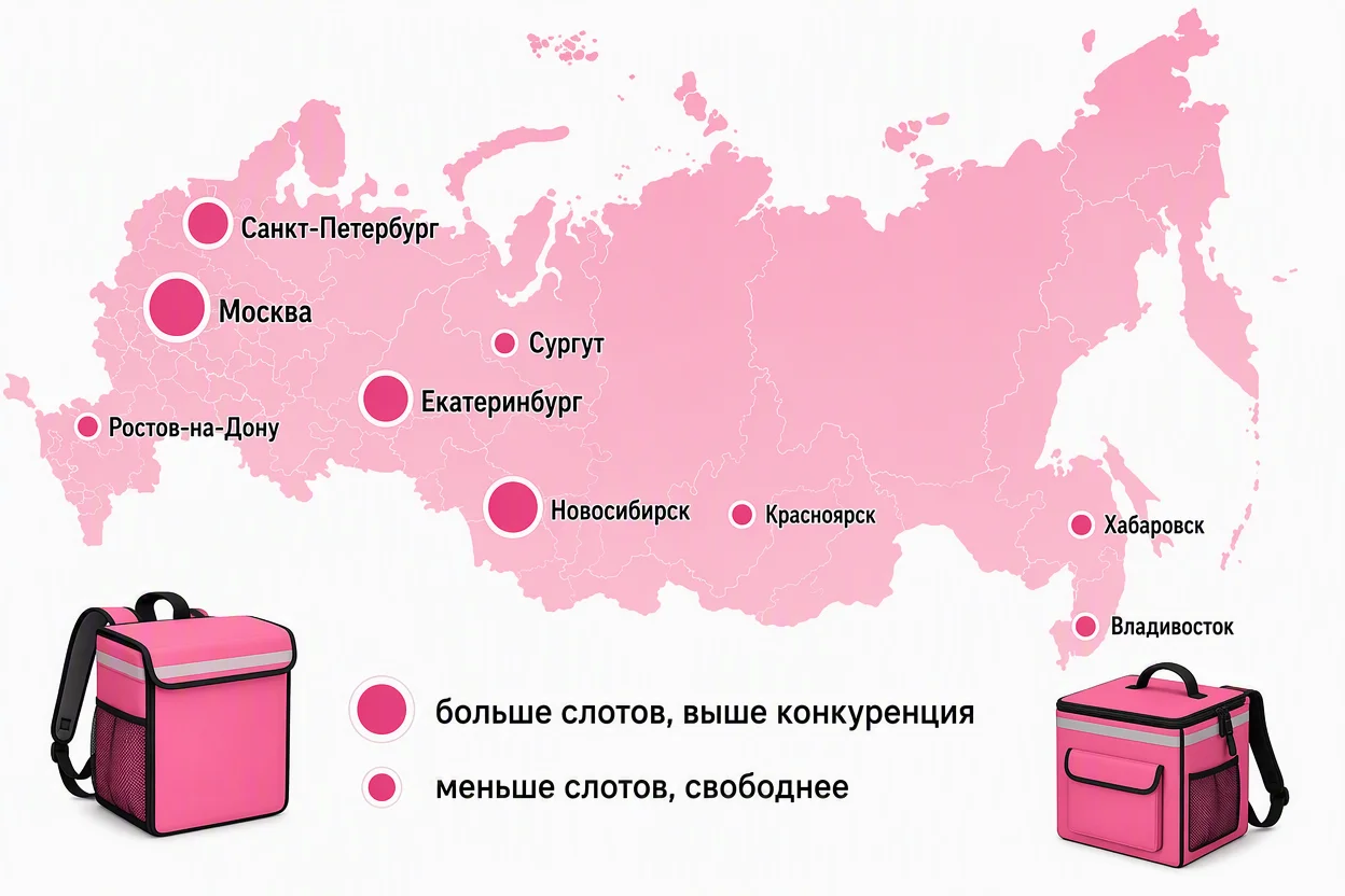 Тайм-слоты по городам — карта с разной загрузкой доставки Самокат