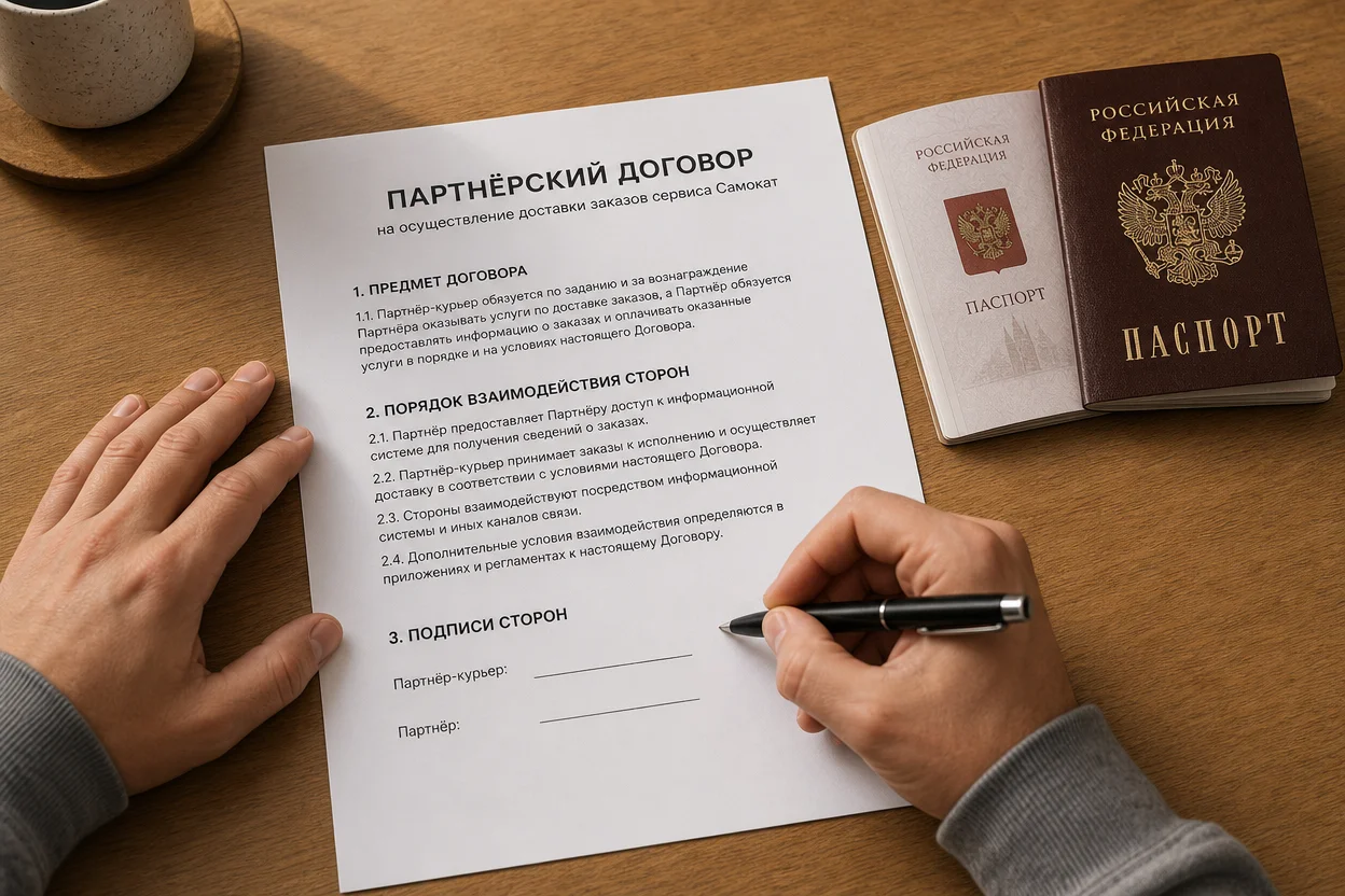 Курьер с 18 лет — подписание партнёрского договора с паспортом на столе