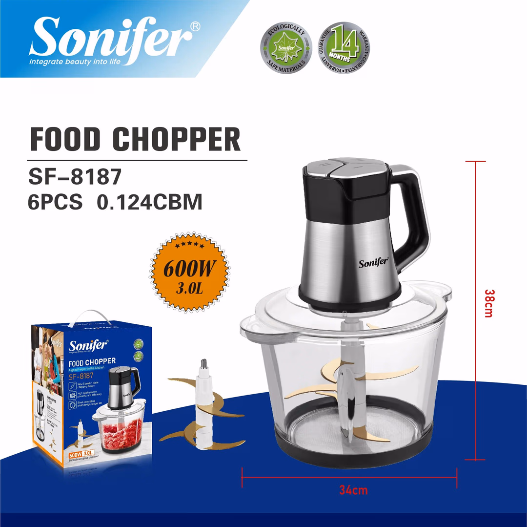 Maydalagich Sonifer SF-8187, 3 л, с золотым лезвием, электрический, 600Вт, с венчиком для взбивания
