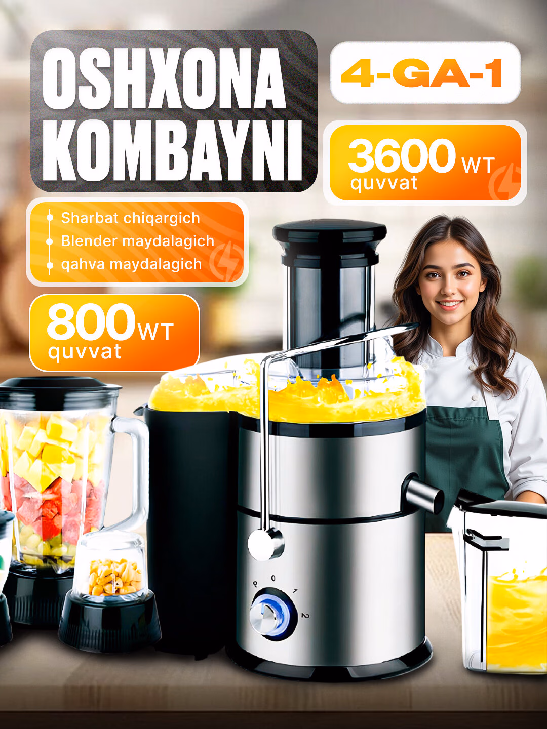Kombayn 4 tasi 1 da 4в1, с Блендер, Maydalagich, Kofe maydalagich, 2 скорости, импульсная функция, 1000Вт