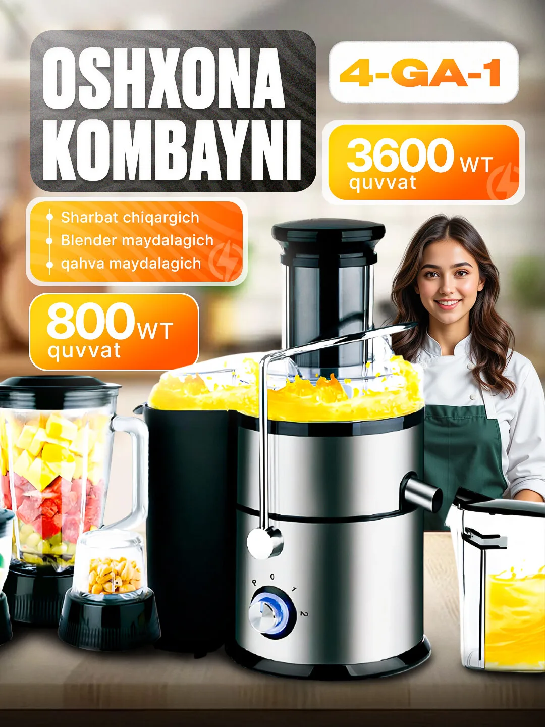 Kombayn 4 tasi 1 da 4в1, с Блендер, Maydalagich, Kofe maydalagich, 2 скорости, импульсная функция, 1000Вт