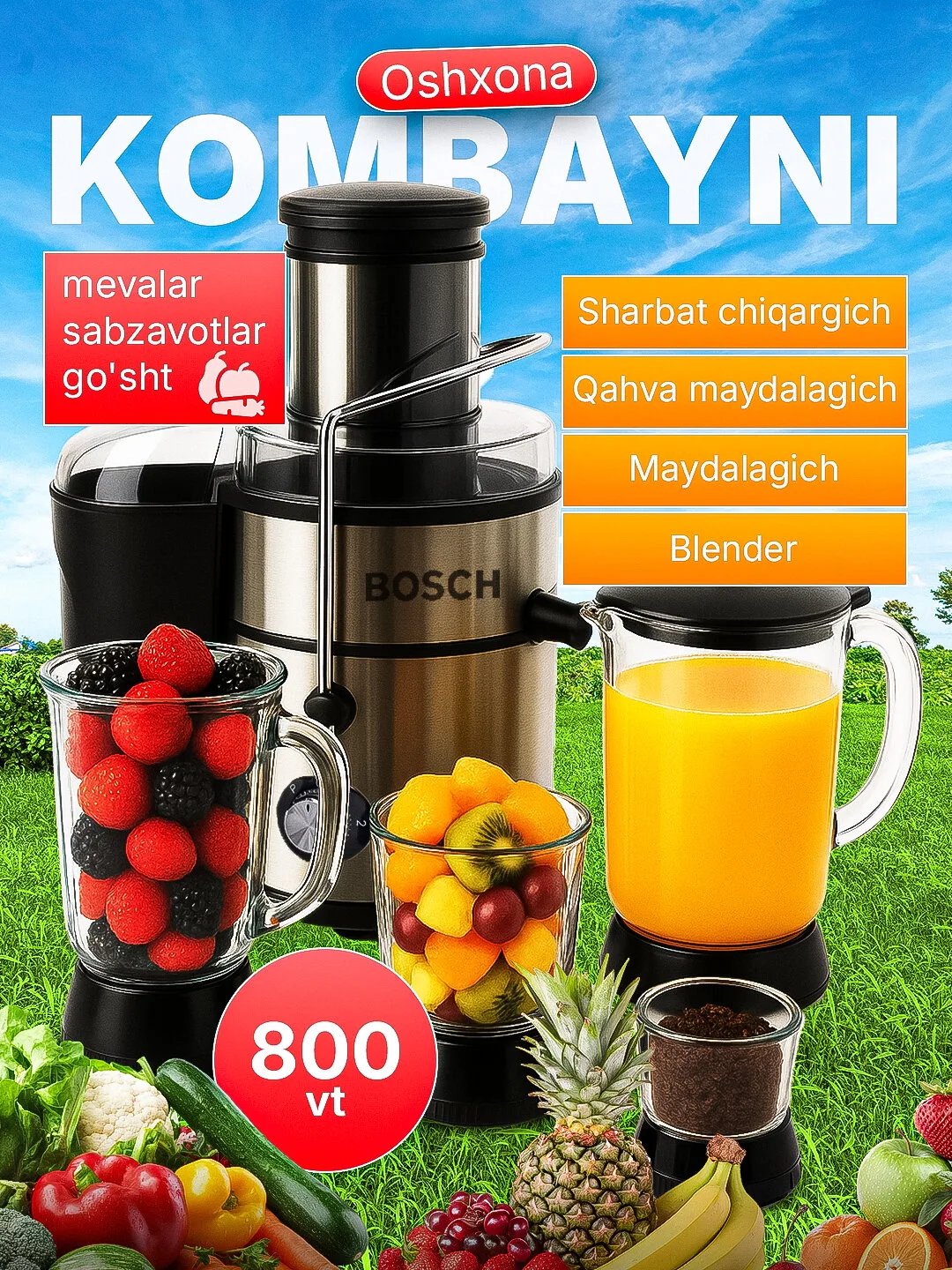 Kombayn 4 tasi 1 da 4в1, с Блендер, Maydalagich, Kofe maydalagich, 2 скорости, импульсная функция, 1000Вт