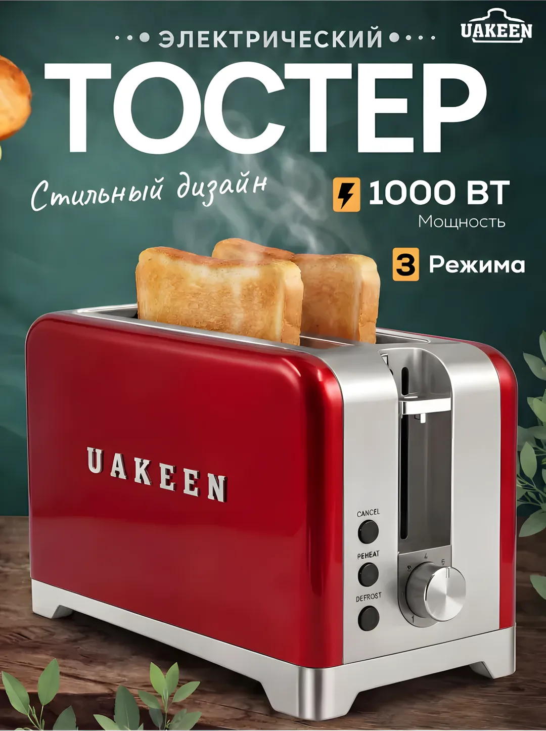 Toster Uakeen (Qizil), non va buterbrod uchun, 1000W