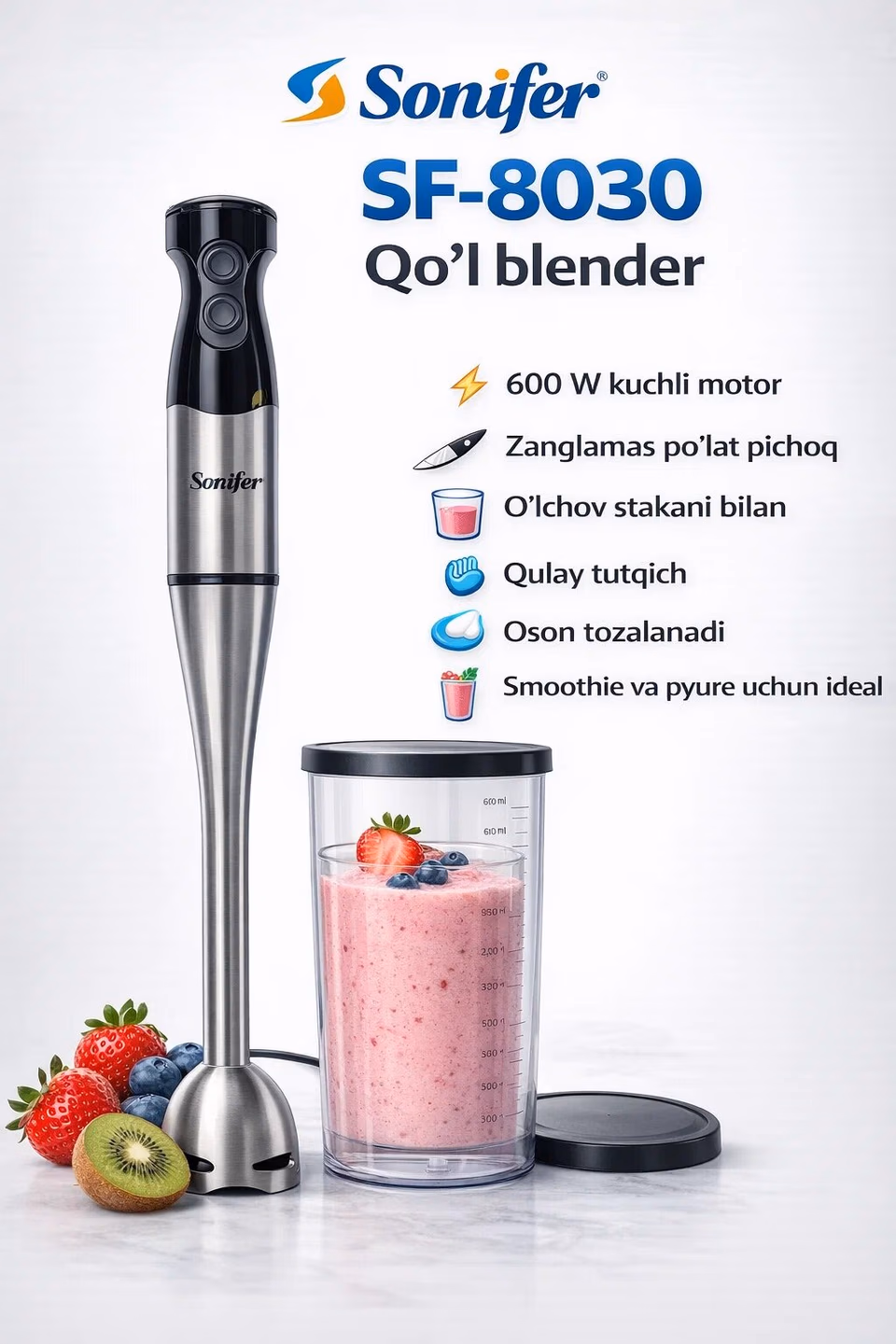 Qo'l blenderi Sonifer SF-8030, 0.6 л, 500 Вт турбо