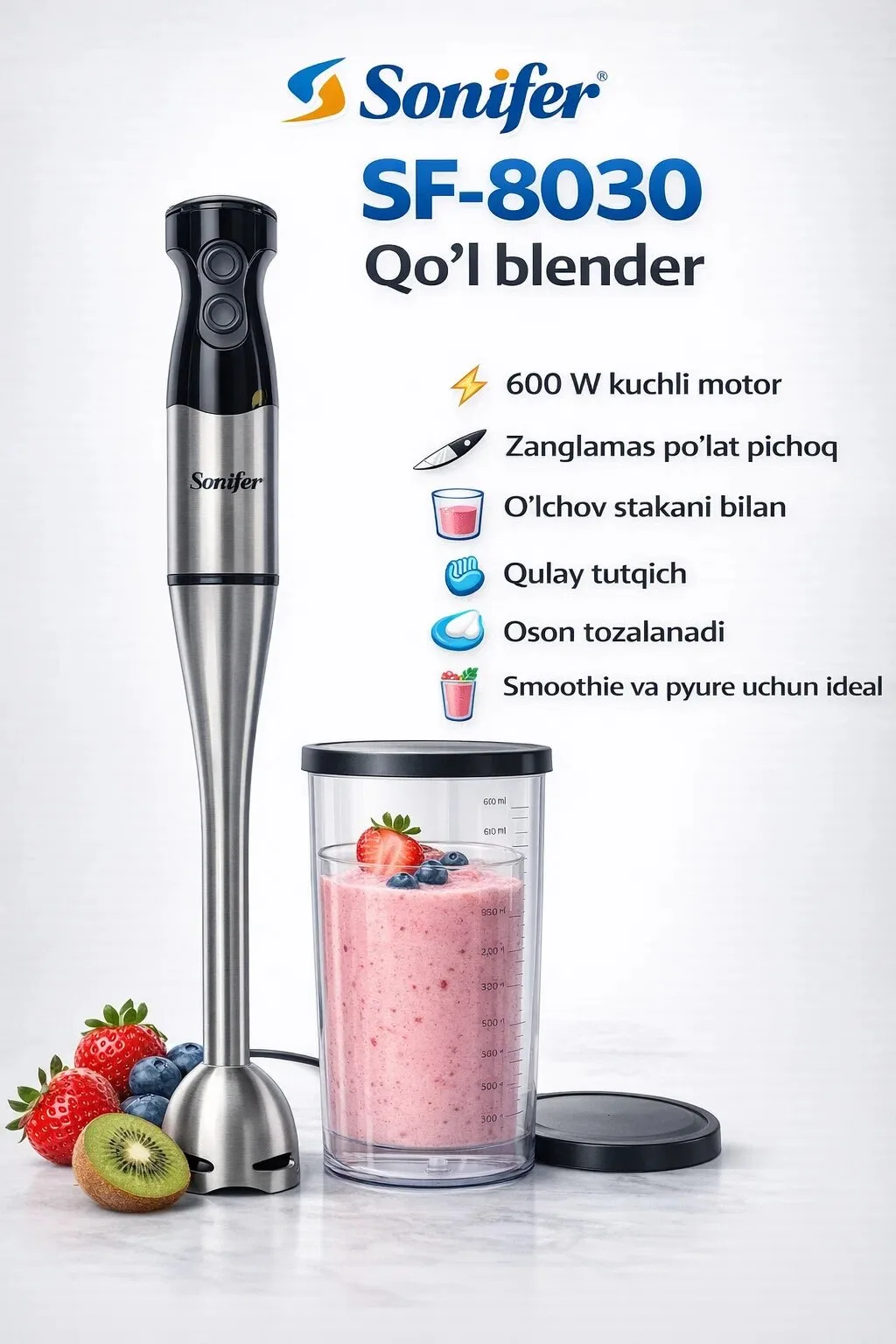 Qo'l blenderi Sonifer SF-8030, 0.6 л, 500 Вт турбо