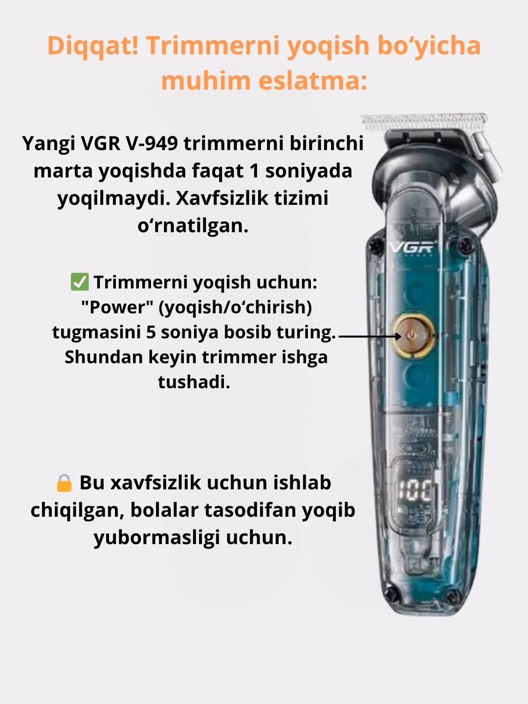 VGR V-949 Trimmer 5v1: Soqol va Burun, 180 daq Ishlash - 2