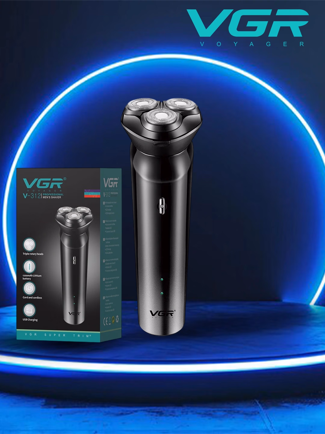 VGR V-312 Soqol olish mashinasi, zanglamaydigan po'lat pichoq, 600mAh batareya, 100 daqiqa ishlash