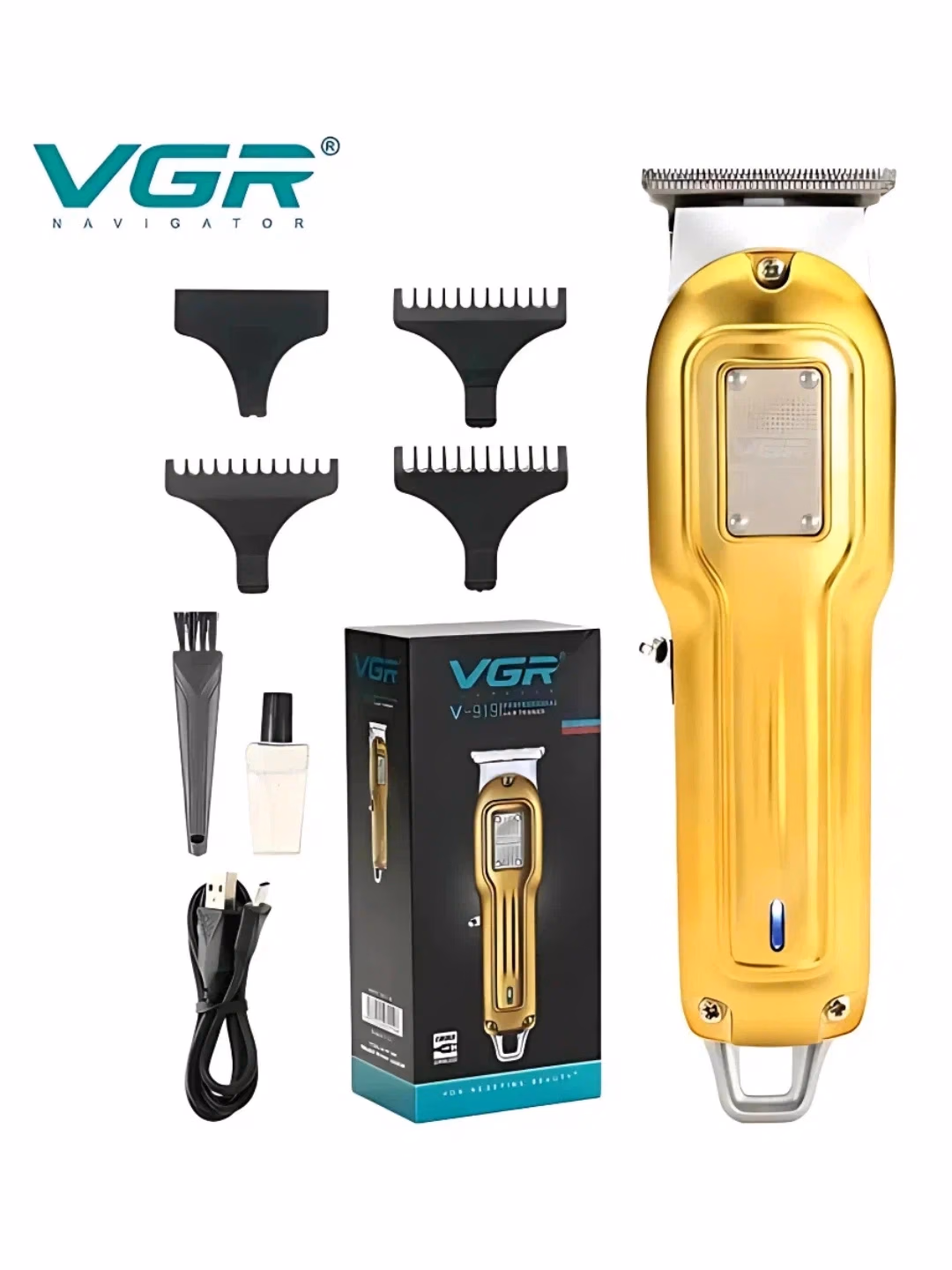 VGR V-919 Erkaklar uchun soqol va soch trimmeri — zanglamas pichoqli, USB shargas bilan