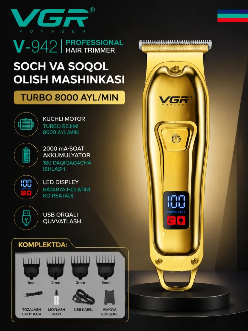 VGR V-942 professional trimmer: 2000 mAh, 180 daqiqa ishlash vaqti