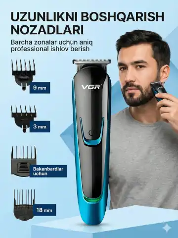 VGR V-183 trimmeri: Li-ion, 16mm, suv o'tkazmaydigan, soqol va burun uchun