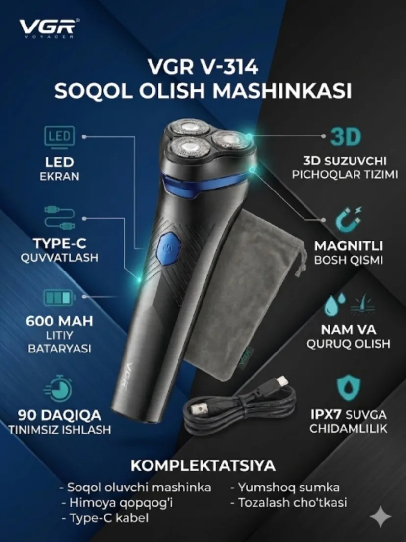 VGR V-387 / V-071 Soqol uchun simsiz ustara, 120 daqiqa zaryad