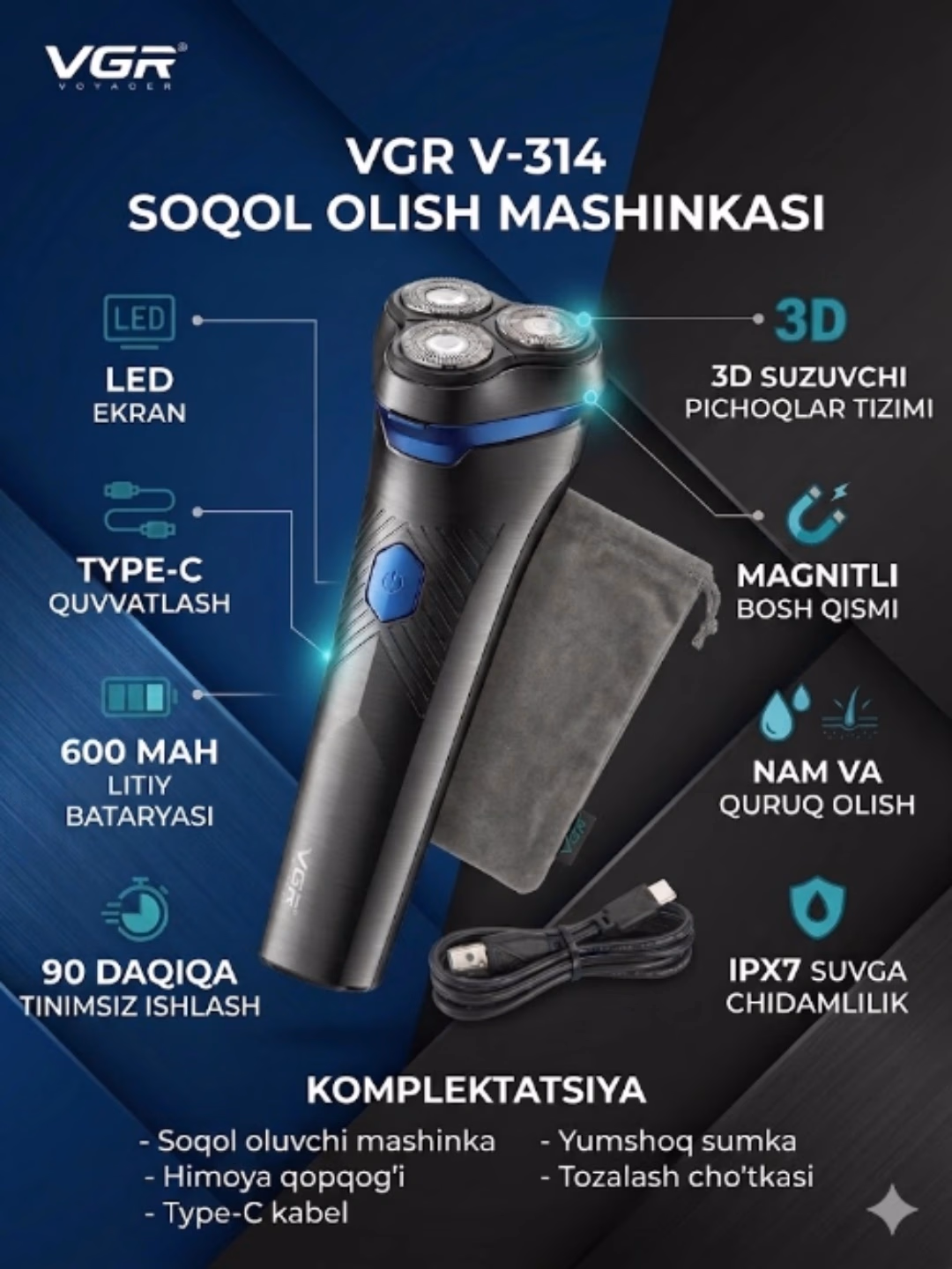 VGR V-387 / V-071 Soqol uchun simsiz ustara, 120 daqiqa zaryad - 5