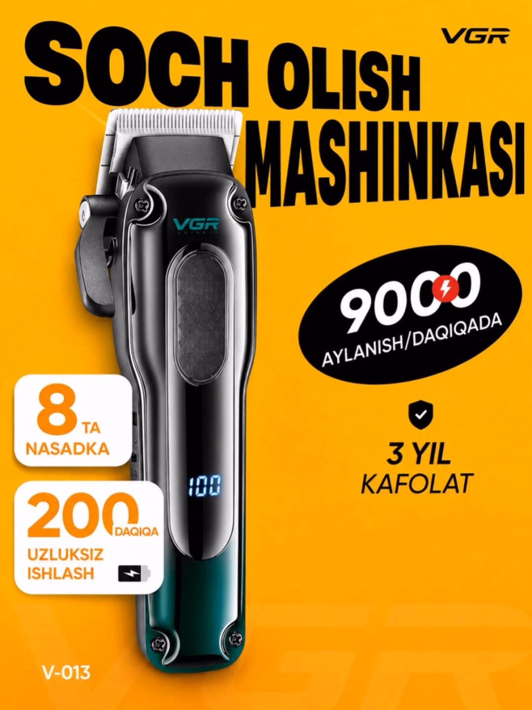 VGR V-013 Professional Soch Olish Mashinasi, 200 Dk Ishlash Muddati va Displayli