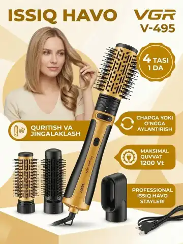 VGR V-495 Fen-taroq, 1200W, keramik qoplamali, 360° aylanuvchi professional turmak