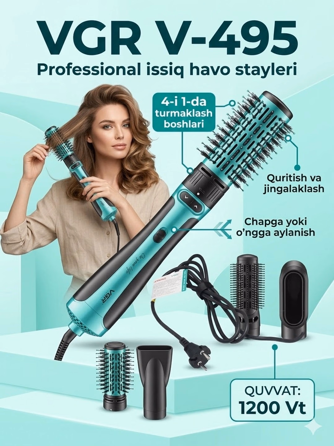 VGR V-495 Fen-taroq, 1200W, keramik qoplamali, 360° aylanuvchi professional turmak - 3