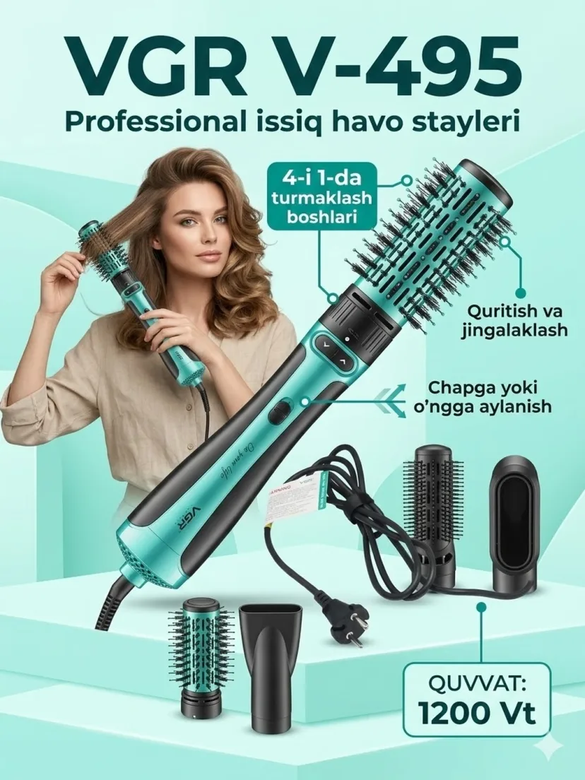 VGR V-495 Fen-taroq, 1200W, keramik qoplamali, 360° aylanuvchi professional turmak
