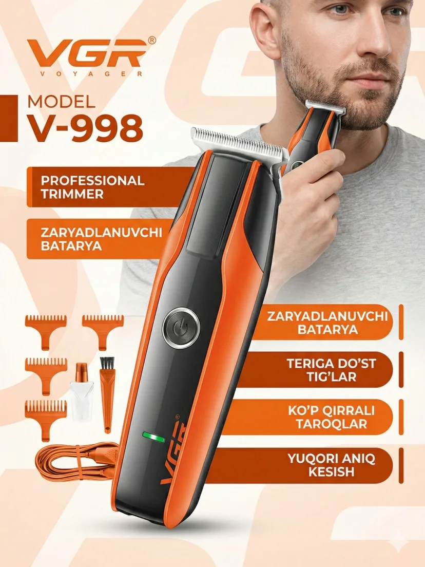 VGR V-998 Zanglamas po'latli professional simsiz trimmer, soch va mo'ylov uchun