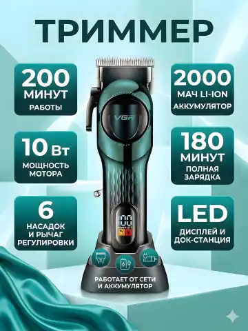 VGR VGR-166 Trimmer, 2000mAh Li-ion, 200 daqiqa, LED, 6 nasadka