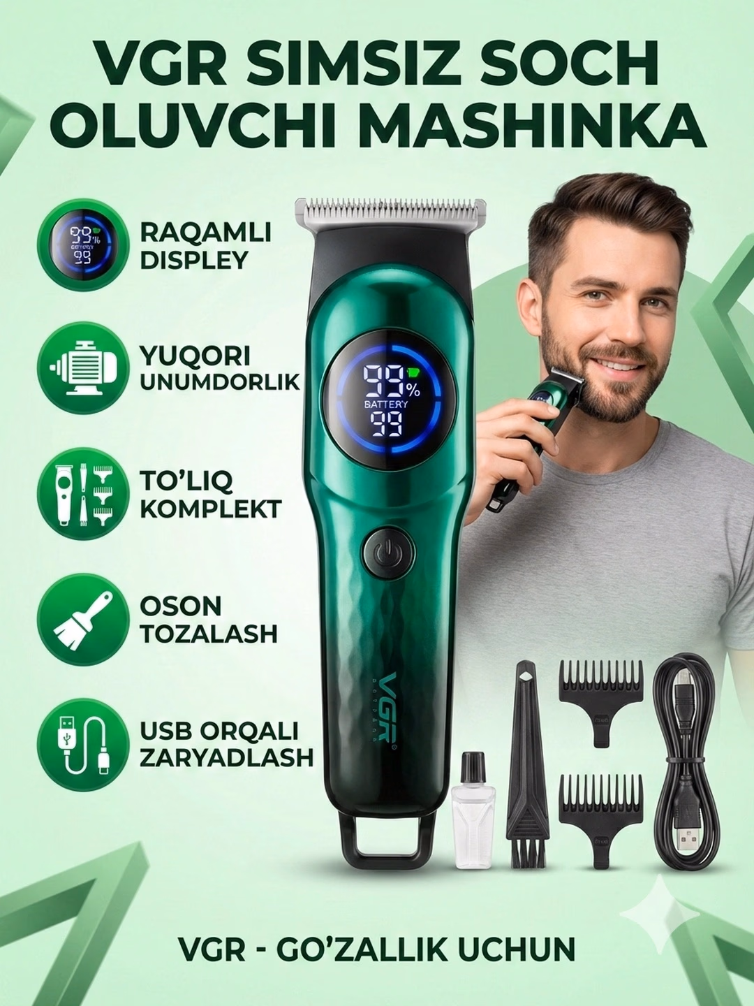 VGR V-966 Erkaklar uchun professional soch-soqol mashinasi, USB zaryadli