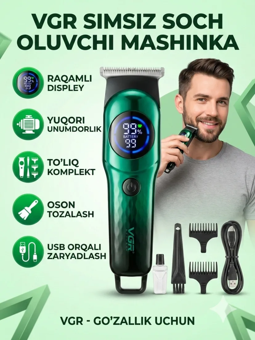 VGR V-966 Erkaklar uchun professional soch-soqol mashinasi, USB zaryadli