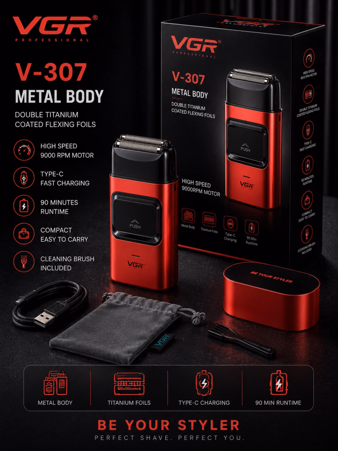 VGR V-307 professional soqol mashinasi, titan folga, 9000 RPM, Type-C, 90 daq